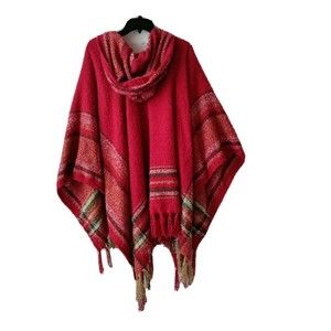 Simply Noelle Poncho Hooded Shawl Wrap Red Plaid/Accent Colors One Size